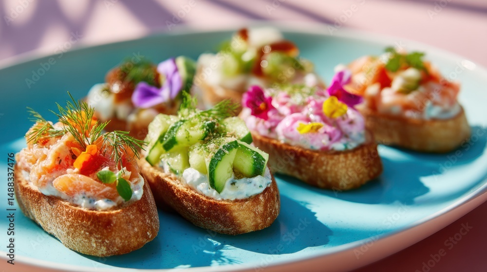 Assorted open faced sandwiches on a blue plate with floral garnishes. Assorted open faced sandwiches on a blue plate with floral garnishes.