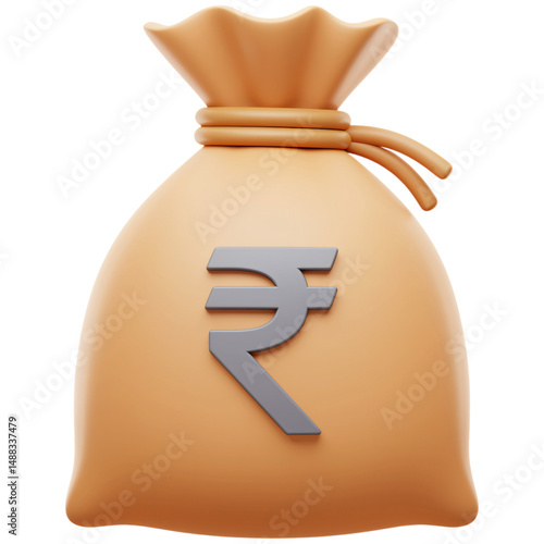 A beige bag with the indian rupee symbol isolated on a transparent background