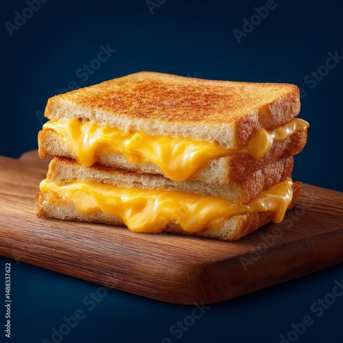 Close-up of a prepared double grilled cheese sandwich with melted cheese between toasted bread slices on a wooden board against a dark background