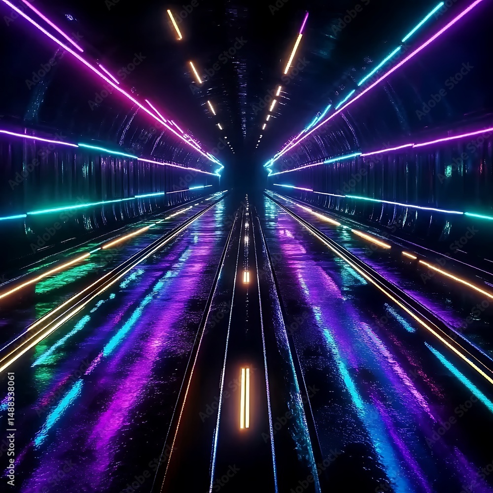 Futuristic Colorful Tunnel with Neon Lights and Reflective Surface Futuristic Colorful Tunnel with Neon Lights and Reflective Surface