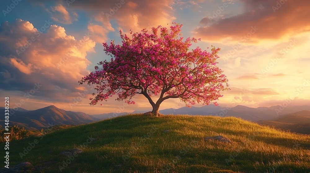 Fototapeta premium A solitary tree with pink blossoms stands on a grassy hill at sunset
