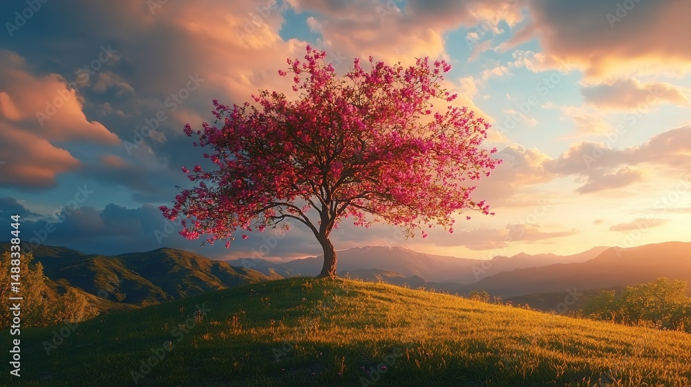 Fototapeta premium A solitary tree with pink blossoms stands on a grassy hillside at sunset