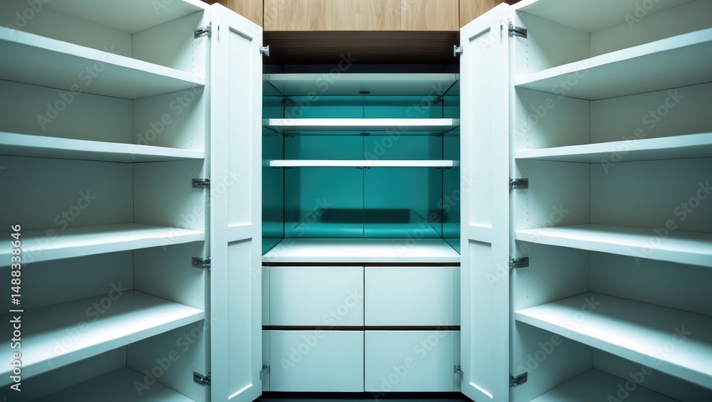 Wall cabinet with open design and vacant shelves for showcasing products, pristine white finish. Wall cabinet with open design and vacant shelves for showcasing products, pristine white finish.