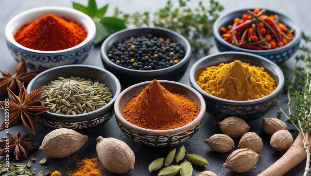 Bowls filled with a variety of aromatic spices and cooking herbs. Bowls filled with a variety of aromatic spices and cooking herbs.