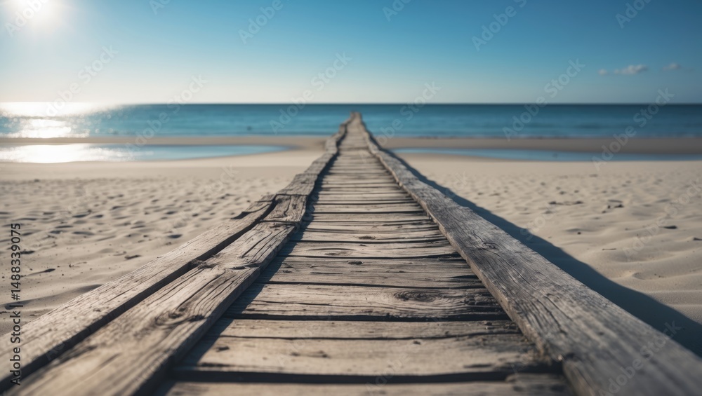 Obraz premium Tropical beach setting with wooden walkway, sunshine, and relaxing ocean backdrop