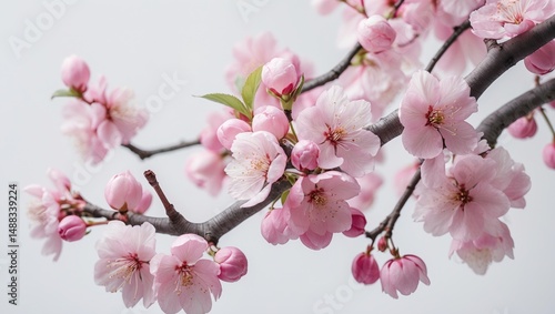 Pink and White Plum Flowers in Blossom against a White Background