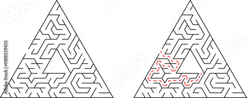 Two triangular mazes with path solutions representing problem solving and strategy