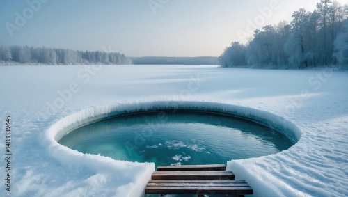 Fototapeta Naklejka Na Ścianę i Meble -  Icy snowy lake perspective for swimming