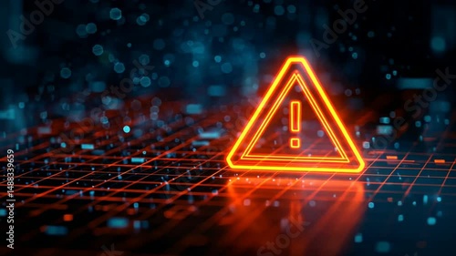 Digital orange triangle exclamation mark on a glowing grid background, technology alert, security warning, no entry, digital caution symbol