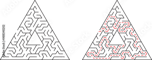 Triangle maze with solved path depicting problem solving and solution finding