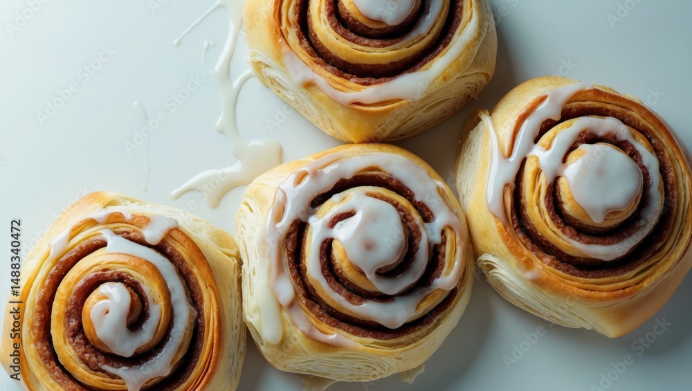 Fototapeta premium Cinnamon buns made from puff pastry with icing in the background, overhead view