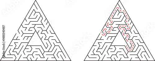 Complex triangular maze illustration featuring a challenging pathfinding problem and solution