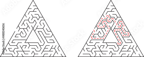 Triangle maze puzzle with solution path representing problem solving and finding answers