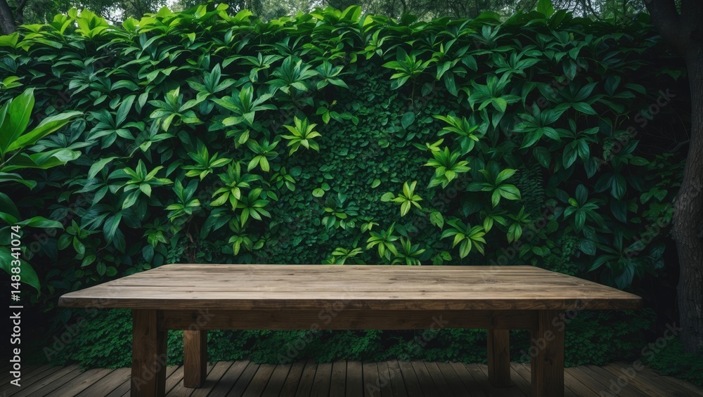 Fototapeta premium Wooden floor and nature-inspired tree fence backgrounds.