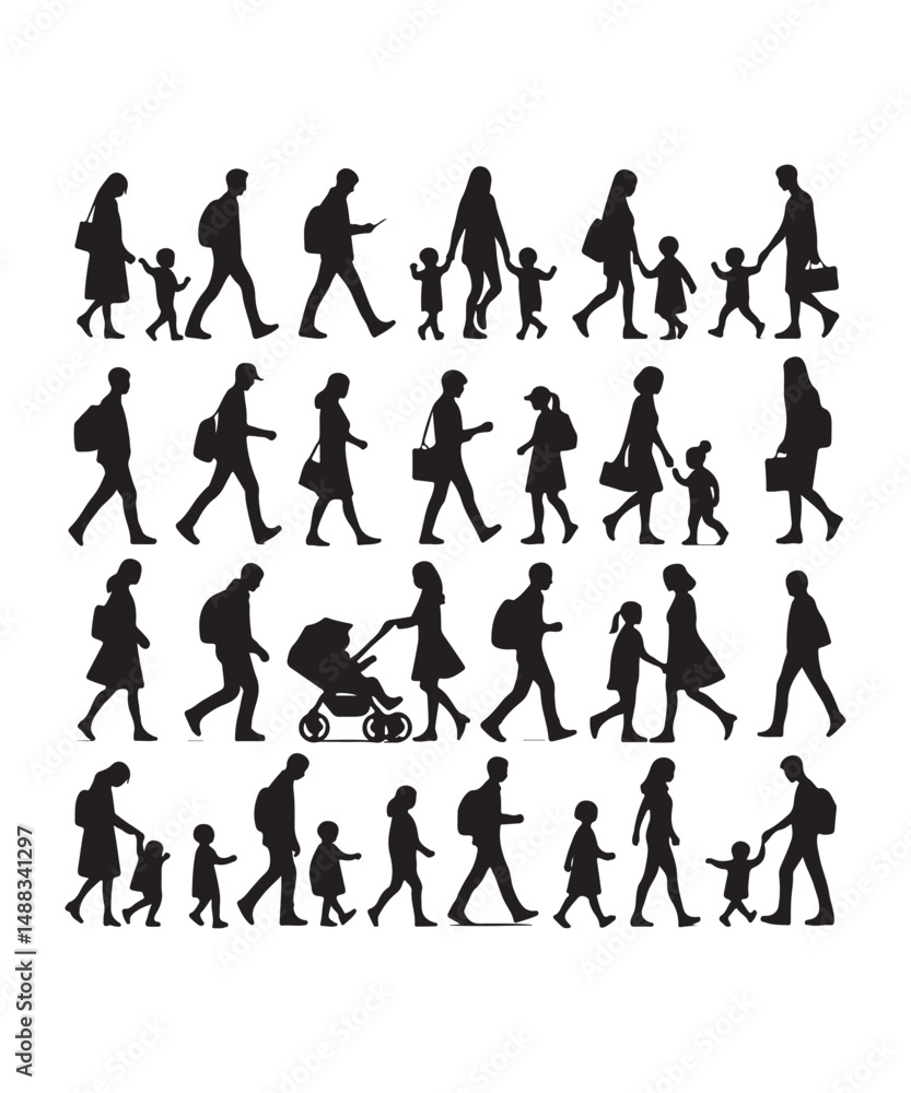 Fototapeta premium Happy family Illustrations Silhouette set. Silhouettes on isolated background.