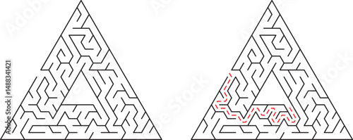 Triangular labyrinth puzzle illustrating maze solving with red path solution guide