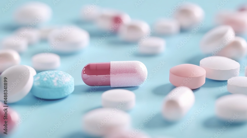 Close-up of various pills and capsules scattered on a light blue background. Close-up of various pills and capsules scattered on a light blue background.