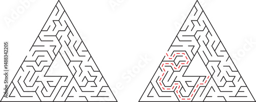 Triangular maze illustration demonstrating solution paths and labyrinth challenges concept
