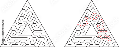 Triangle maze with solution path showing the right way through the challenging puzzle