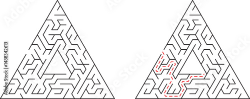 A complex triangular maze with a solved path showing the successful route