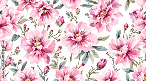 Watercolor floral pattern. Seamless pattern with purple and pink bouquet on white background.Floral background pattern