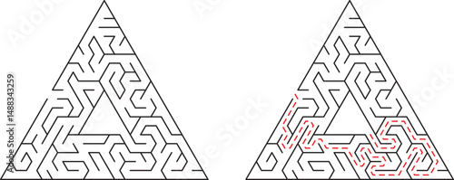 Triangular maze with path solution illustration for educational puzzle or problem solving