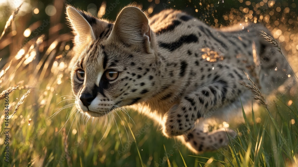 Fototapeta premium A spotted serval cat crouches in tall grass, preparing to pounce, in the golden light of the sun