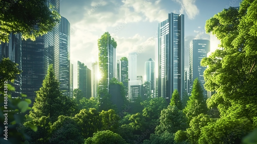 Fototapeta premium Futuristic Cityscape with Green Forest Integration