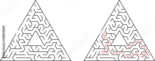 Triangle mazes challenging black and white puzzles with red solution paths illustrated