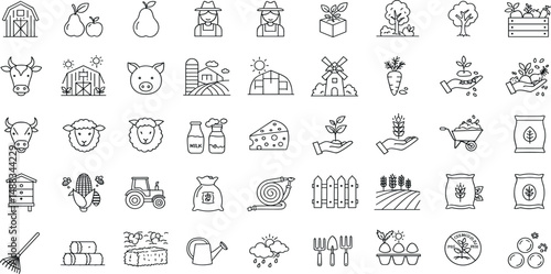 Farming Line Editable Icons set. Vector illustration in modern thin line style of agriculture related icons: farm products, animals, equipment, and more.