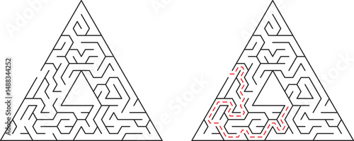 Triangular maze with solution path showing direction of navigation through challenges
