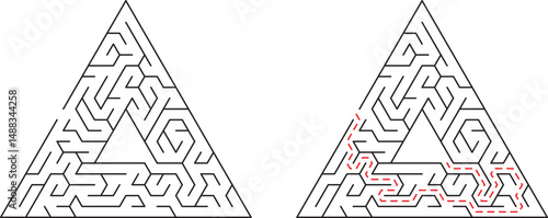 Triangle maze with solution path shown offering problem solving and puzzle concepts