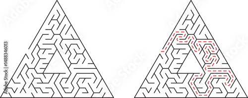 Triangular maze solutions with paths highlighted providing direction for problem solving