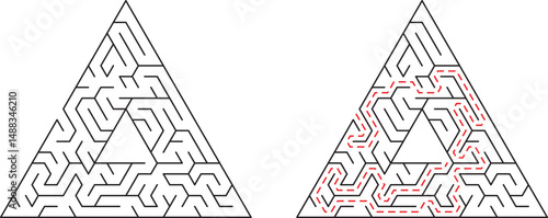 Triangular maze illustration featuring two options with solution path marked clearly