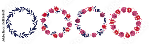 Pomegranate round frame set. Round frames with red purple pomegranates, blue tree branches, fruits isolated frames with copy space. Summer Background with fruits for menu, banner, label, invitation.
