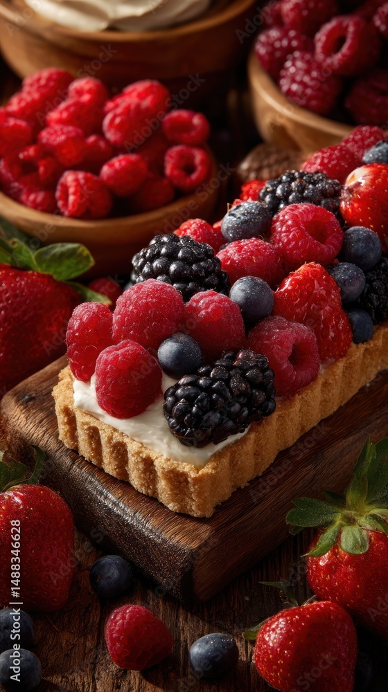 Berry tart and bowls of berries on a wooden surface. Berry tart and bowls of berries on a wooden surface.