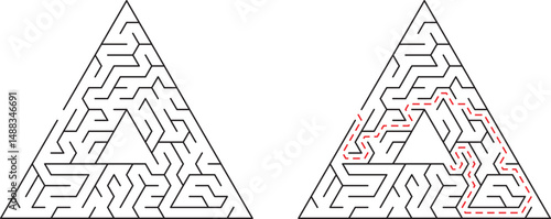 Two triangular mazes representing challenge problem solving and complete solutions
