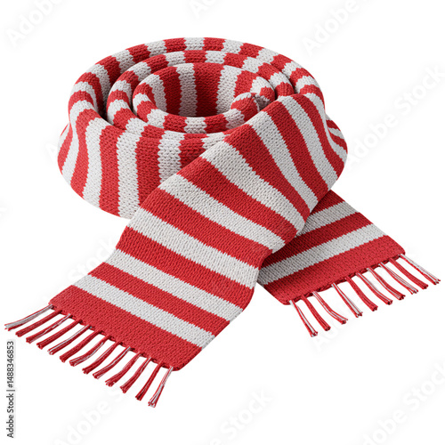 Red and white striped knitted scarf with fringe isolated on a transparent background