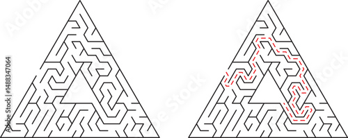 Complex triangle maze design with solution pathway marked in bold red lines