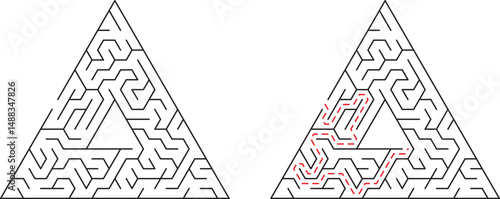 Triangular maze with solution displaying pathfinding and problem solving concepts