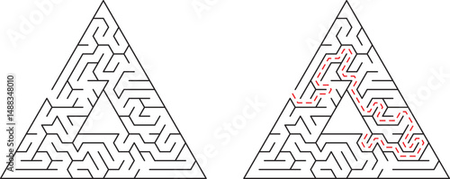Complex triangular maze with solved path illustrated in vector graphic design