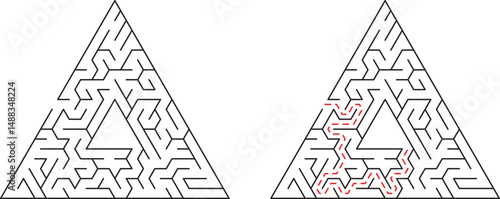Complex triangular maze illustration with solution path representing problem solving and strategy