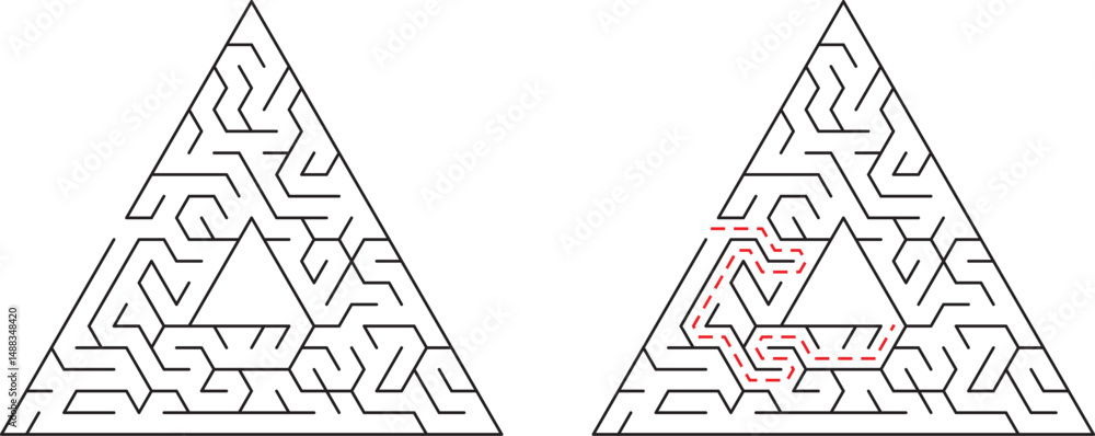 Fototapeta premium Two triangular mazes one unsolved and the other displaying a solved path in red color