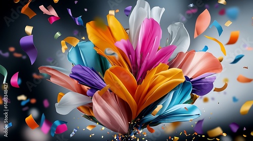 brightly colored flowers and confetti are in a vase on a table