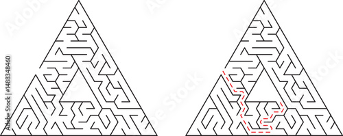 A complex triangle maze featuring solutions and pathfinding demonstration concepts