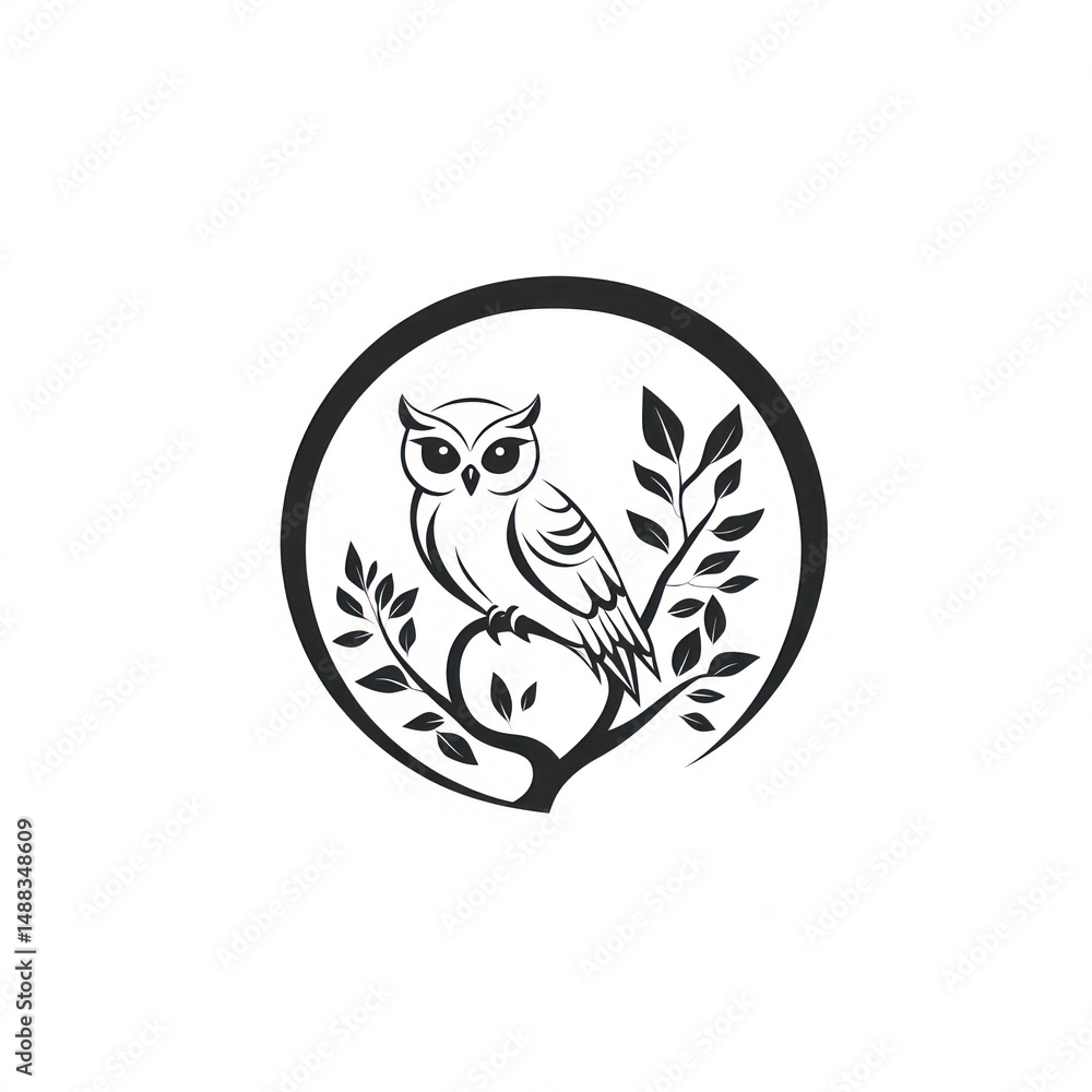 Fototapeta premium Owl perched on branch, leaves, circle, nature, logo