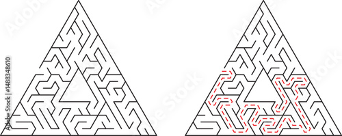 Triangular maze illustration featuring original and solved paths for puzzle solving concept