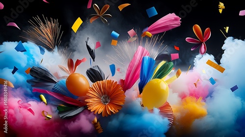 there is a bunch of colorful balloons and confetti on a black background