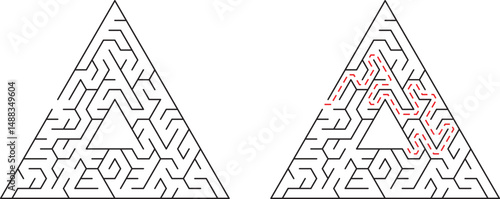Complex triangular mazes illustrated one solved with red path showing solution strategy