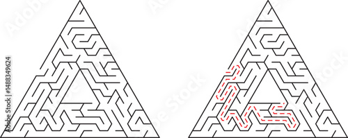 Complex triangular maze puzzle with solved route outlined in red illustrating solution
